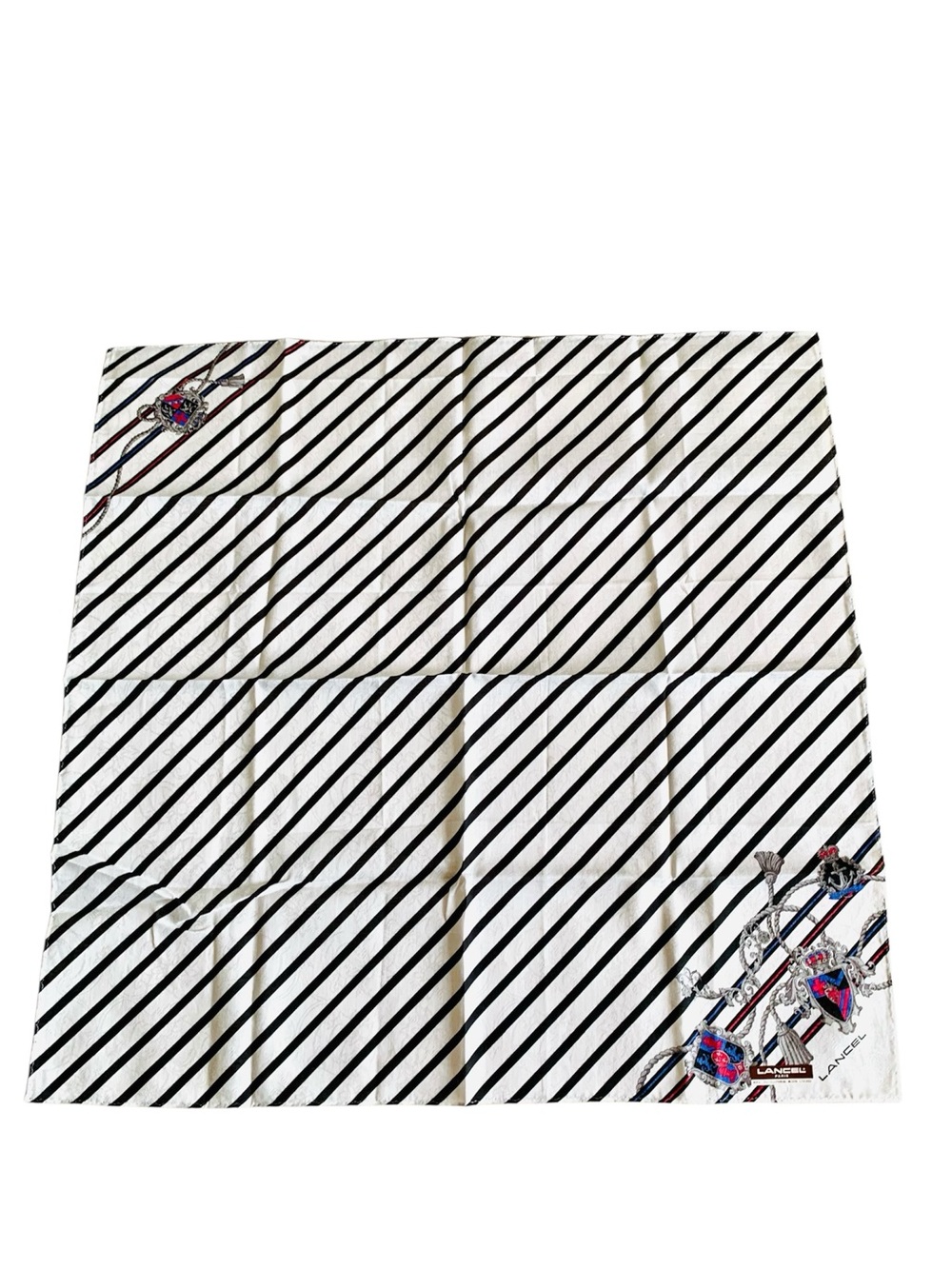 NWT LANCEL Paris Vintage Cotton Handkerchief 19” Black White Stripe Crest Japan
